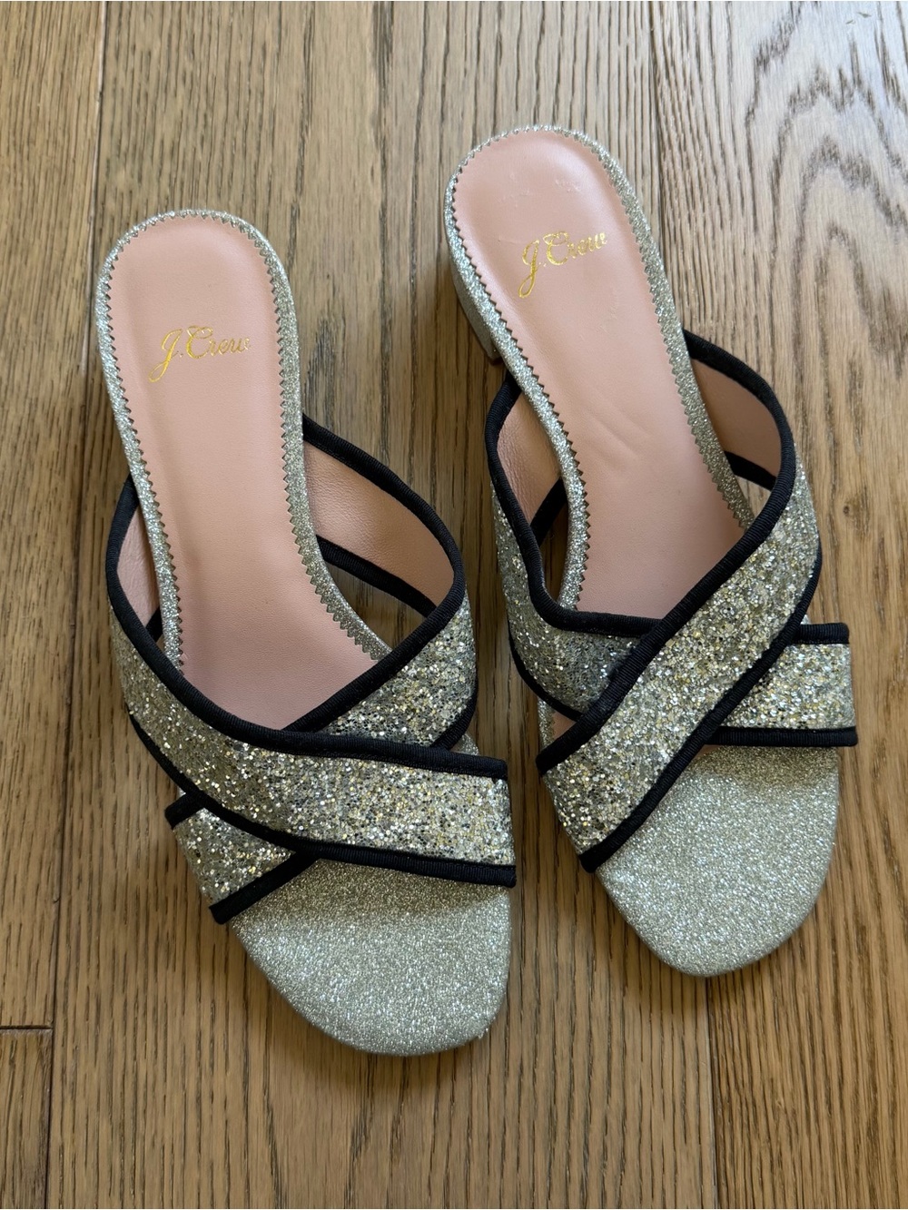 j. crew silver glitter block heel low sandal
